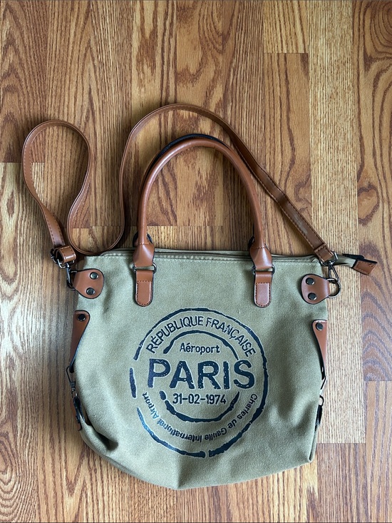 Handbags - Vintage Paris Stamped Lightweight Canvas Hobo Travel Tote Zipper Closure Brown